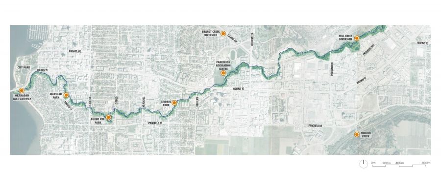 </who>This map from the City of Kelowna shows where Mill Creek meanders through the city.