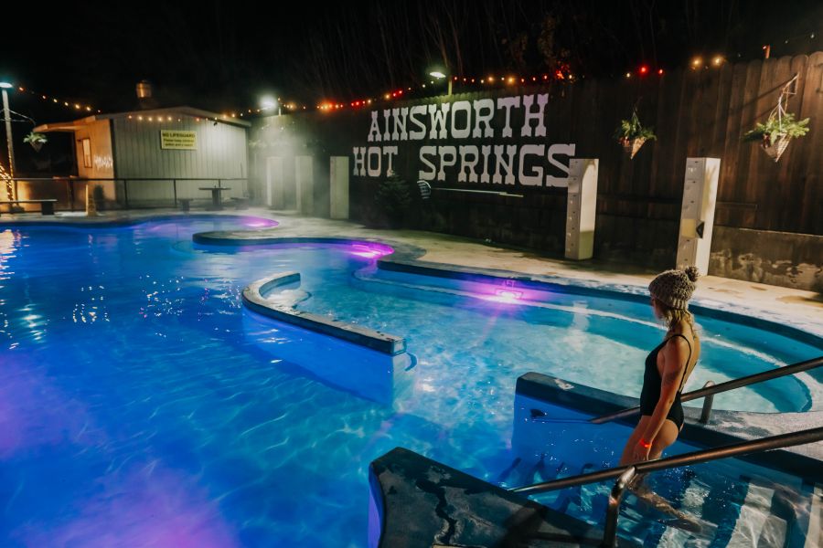 <who> Photo Credit: Greg Rogers</who>Night time soak at Ainsworth Hot Springs