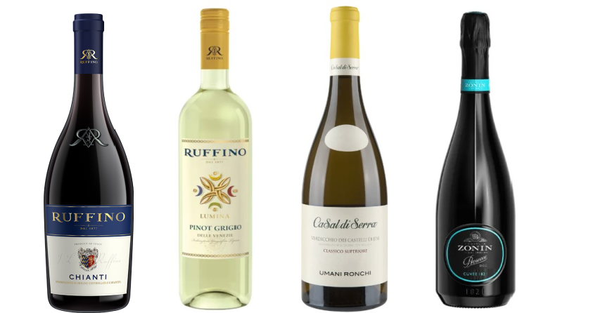 </who>Impressive Italians for sipping this weekend -- Ruffino 2021 Chianti ($17), Ruffino Lumina Pinot Grigio 2022 ($17), Umani Ronchi 2022 CaSal di Serra Verdicchio ($22) and Zonin Prosecco ($28).