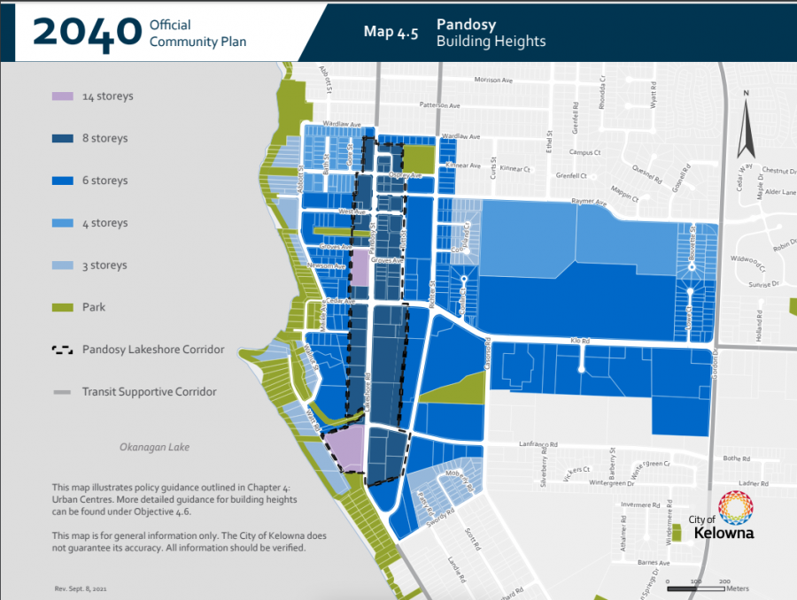 <who> Photo Credit: City of Kelowna </who> The existing maximum building heights for the Pandosy area.