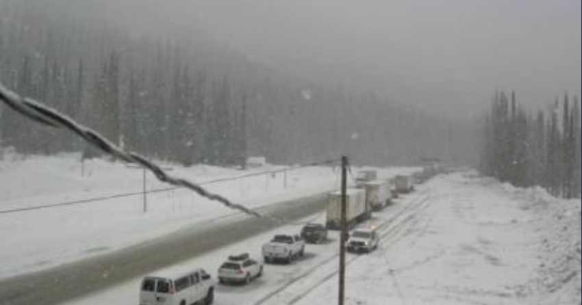 <who> Photo Credit: DriveBC </who> Hwy 1, Rogers Pass in Glacier National Park, 72 km east of Revelstoke, looking east.