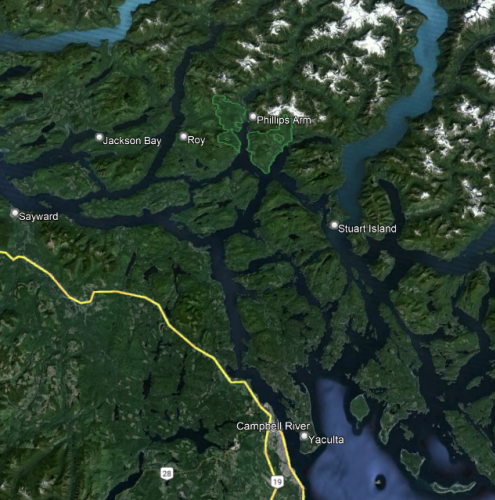 <who> Photo Credit: Province of BC </who> The proposed conservation area is shown in light green, near Phillips Arm.