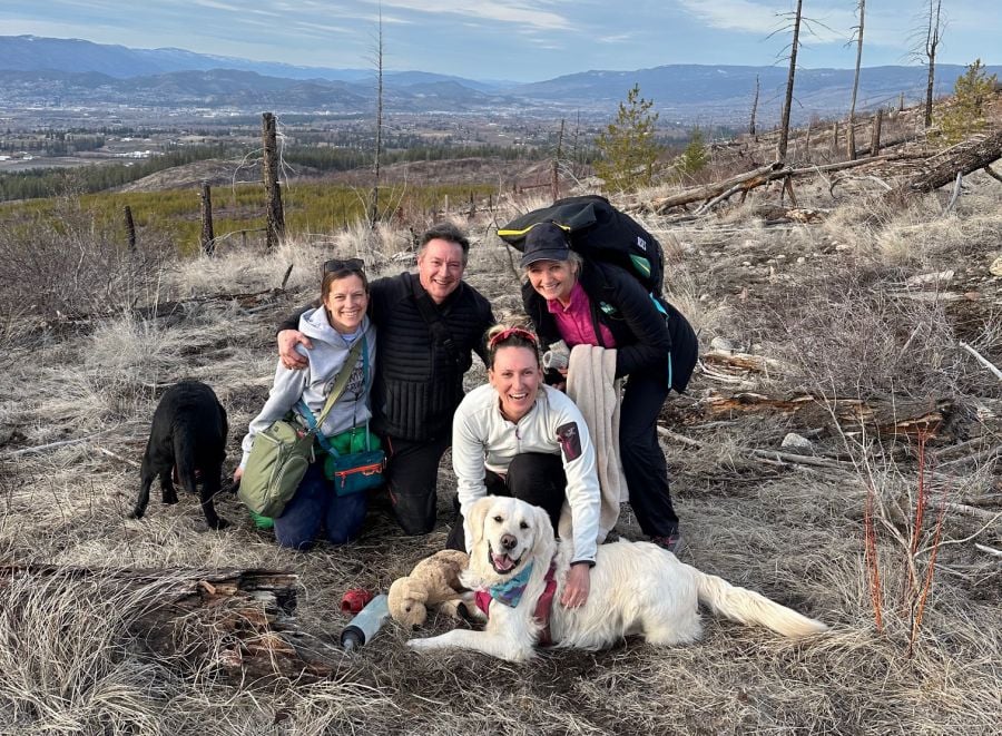 <who>Photo Credit: Contributed</who>A happy group of searchers shortly after Ruth was found. (L to R) Winnie the dog, Sara Muise, Todd Penkala, Amy Ellett with Ruth and Darcy Penkala.