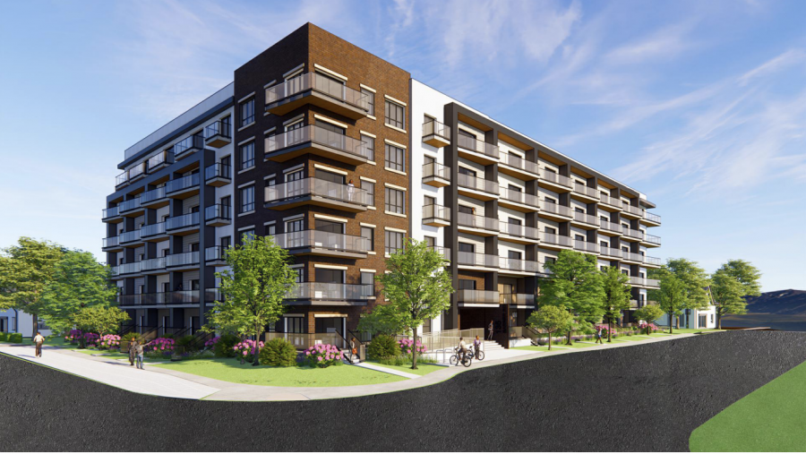 <who> Photo Credit: S2 Architecture on behalf of Arlington Group </who> A view of the 144-unit apartment building proposed for 135 Barber Road.