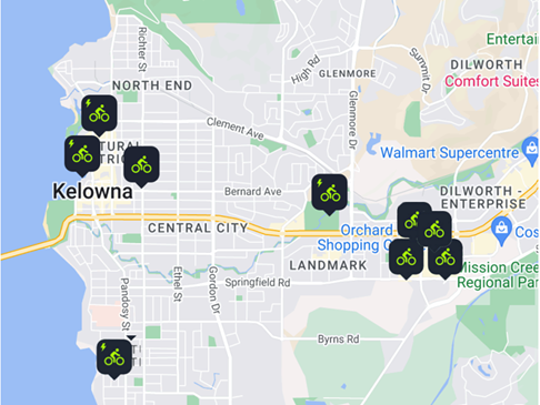 <who>Photo Credit: City of Kelowna</who>A map of Bikeep stations in Kelowna, although a few of them won't open for a couple more weeks.