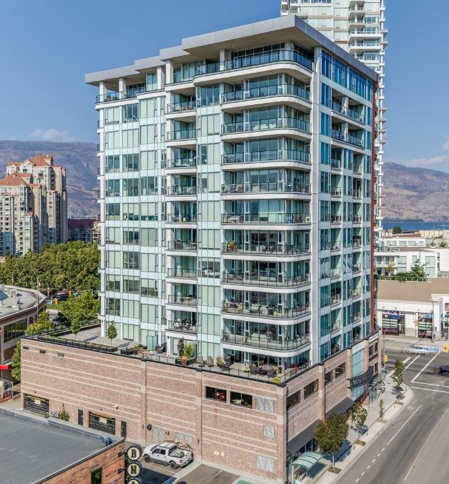 <who>Photo credit: Realtor.ca</who>A two-bed, one-bath, 687-square condominium on the 5th floor of the 14-storey Ellis Parc building downtown is listed for sale for $488,000, which a bit below the $494,500 benchmark selling price of a typical condo in Kelowna in September.