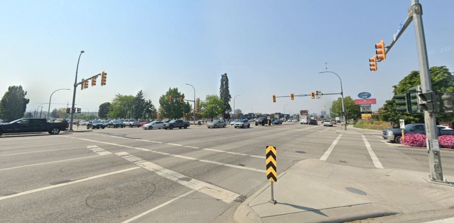<who>Photo Credit: Google Streetview</who>The intersection of Harvey Avenue (Hwy 97) and Dilworth Drive is the most dangerous in BC's Southern Interior, according to ICBC crash data.