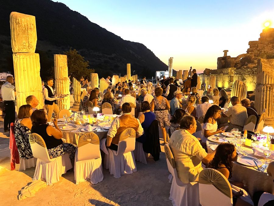 <who>Photo credit: Steve MacNaull/NowMedia Group</who>Windstar Cruises has exclusive after-hours access to the archeological site for candle-lit dinners accompanied by music from members of the Aegean Chamber Orchestra.