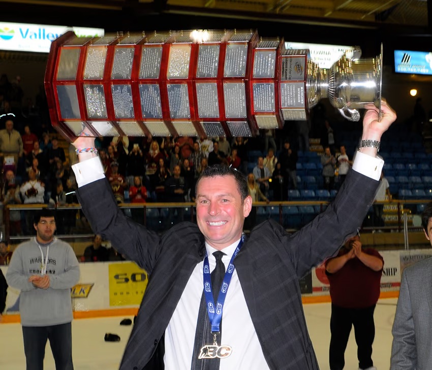 <who> Photo Credit: NowMedia/Lorne White</who> Ferster celebrating the Warriors BCHL championship by hoisting the Fred Page Cup in 2016.