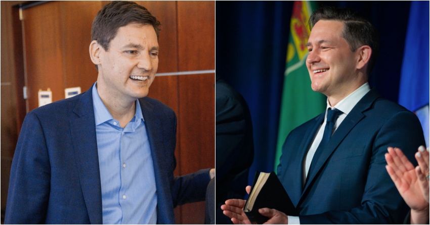 <who> Photo credit: Pierre Poilievre/David Eby/X </who> David Eby (left) and Pierre Polievre have reasons to be cheerful, if these new polls are to be believed.