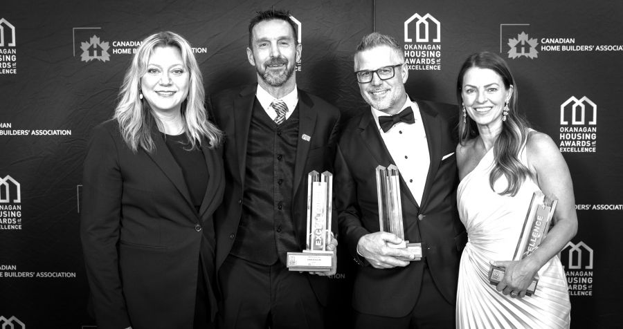 </who>Chuck Cullen, second from left, won the 'lifetime achievement award' at the 2024 Okanagan Housing Awards of Excellence on Saturday night at the Delta Grand hotel. He's pictured here with Kelowna-Lake Country MP Tracy Gray, Dave Pfuetzner of Align West Homes and Raquel Millikin of Isabey Interiors.